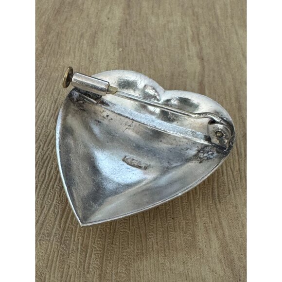 Vintage Kelt Sterling Silver Heart Brooch Floral Design France C1930s 1 1/8" - Picture 7 of 7
